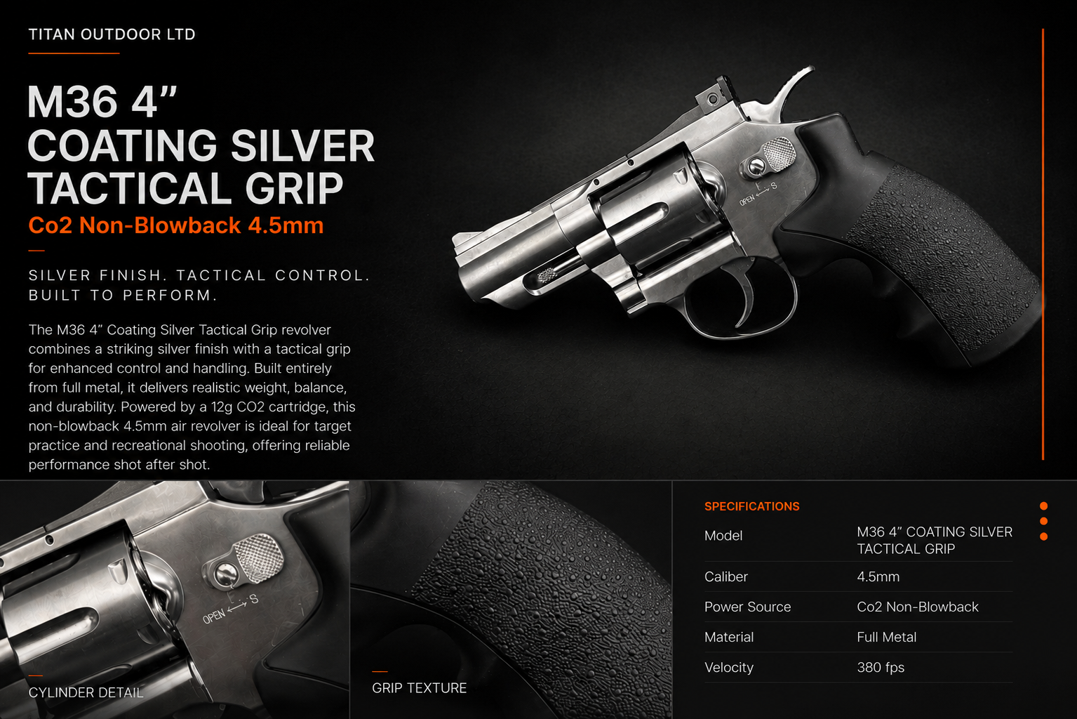 M36 4" Coating Silver Tactical Grip — CO2 Non-Blowback 4.5mm