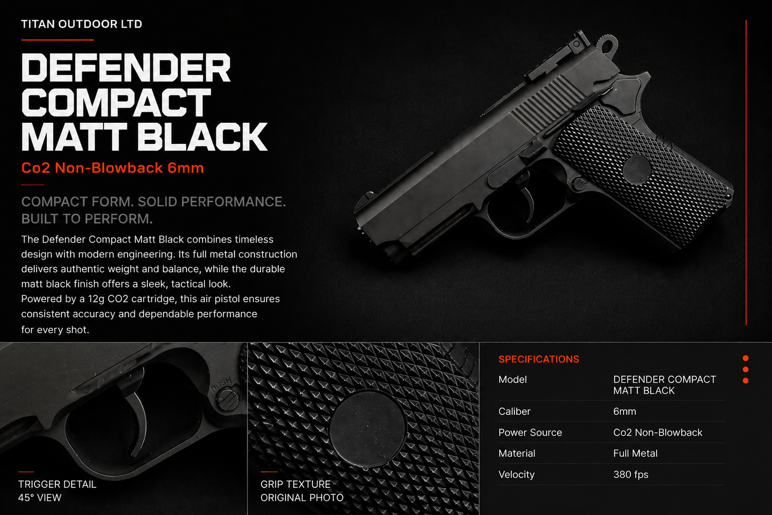 Defender Compact Matte Black — CO2 Non-Blowback 6mm