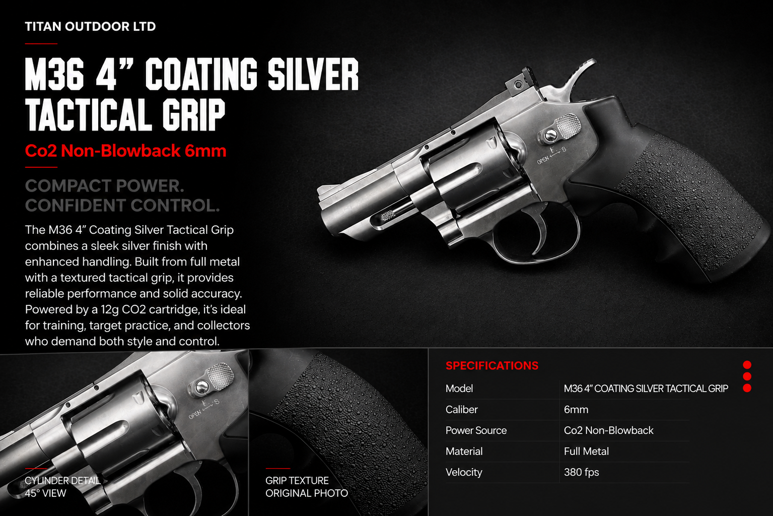 M36 4" Coating Silver Tactical Grip — CO2 Non-Blowback 6mm